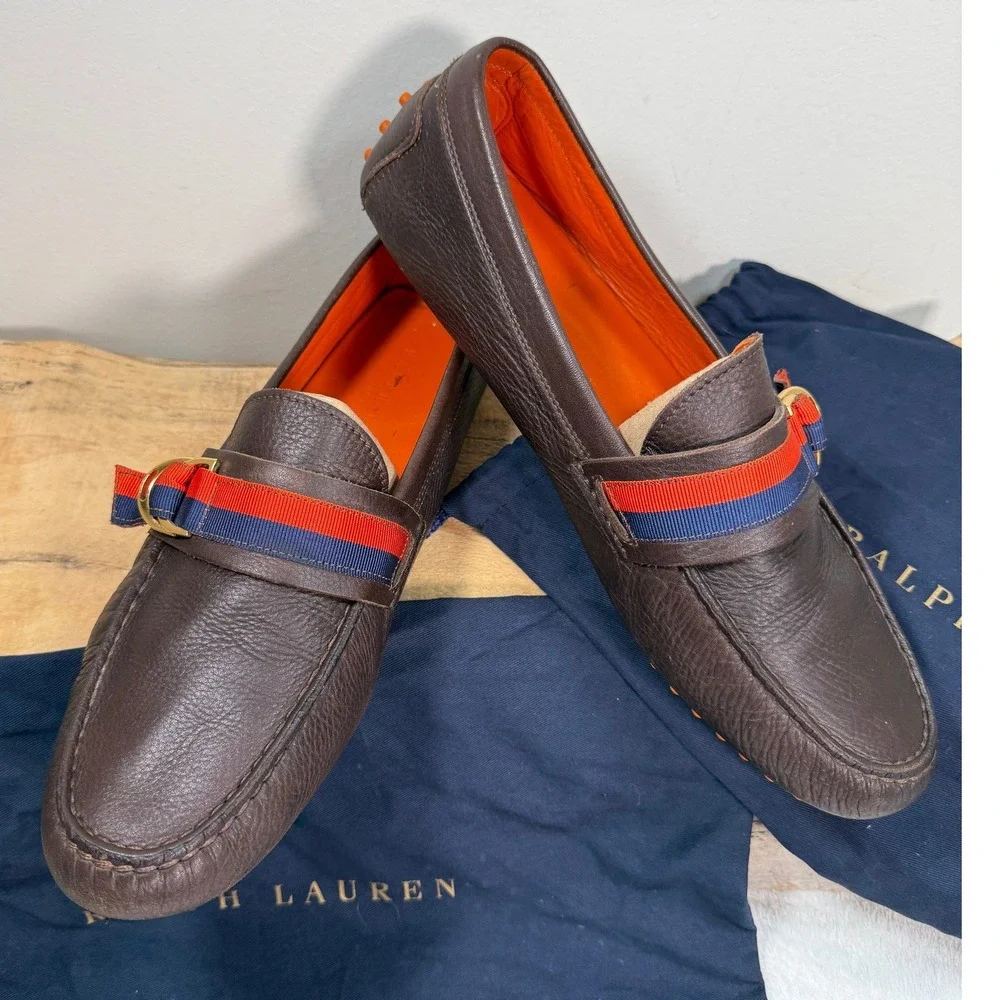 Ralph Lauren Hemming Driving Loafers Men Brown Leather Orange Sole 11 Italy